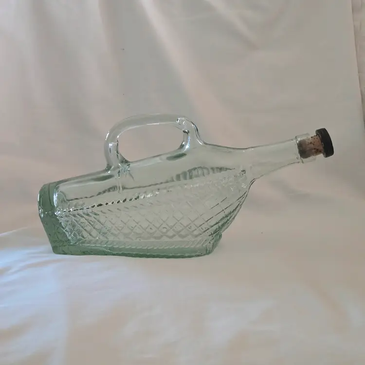 Glass Wine Bottle Handled Decantor Weave Pattern with Cork Unbranded Vintage