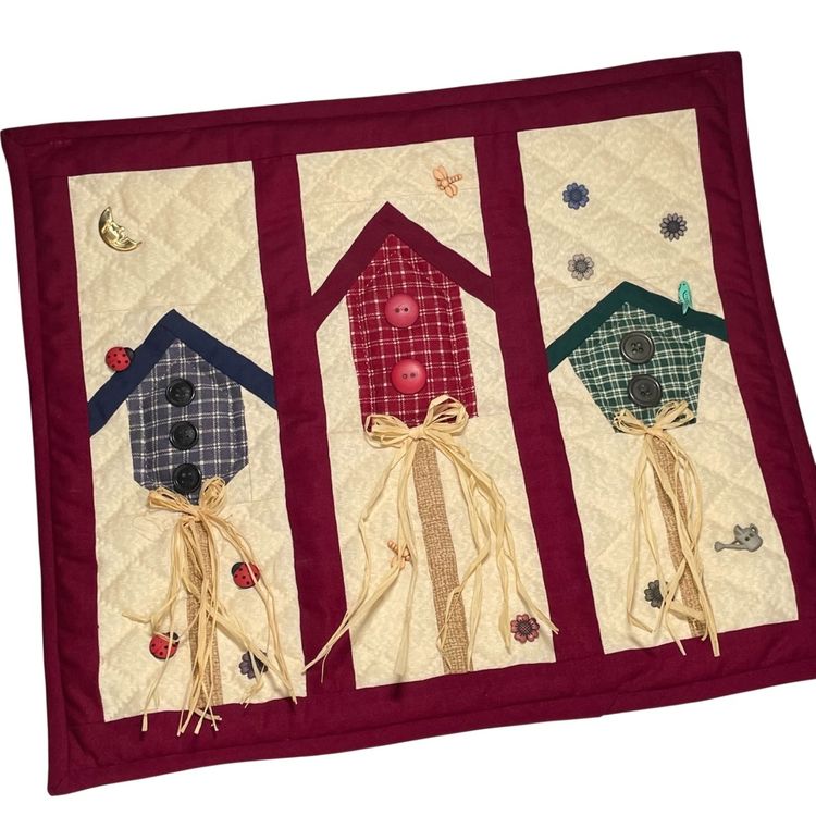 Vintage Handmade Quilt Tapestry Wall Hanging Bird Houses Buttons SIGNED Primitive Cottage Decor 13.5x15.5"