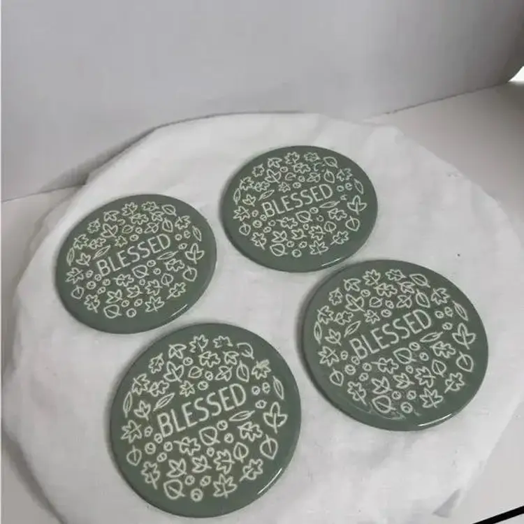 Set of 4 Sage Green Ceramic “Blessed” Coasters by Holiday Home. “Harvest” (A)