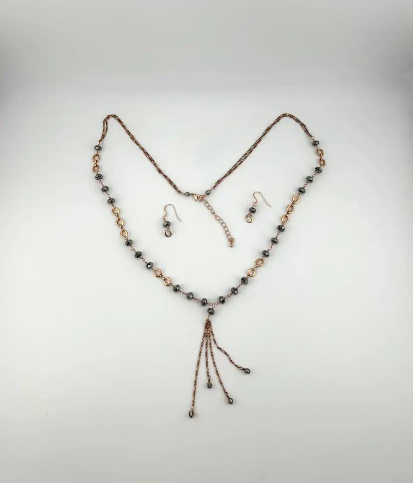 Rose Gold Tone and Black Diamond Swarovski Crystal Lariat Necklace and Pierced Earring Set