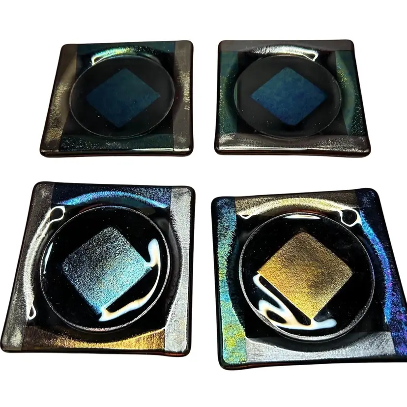 Fused Dichroic Iridescent Set Of 4 Coasters 4x4 Some Rubber Stoppers On Bottom Missing