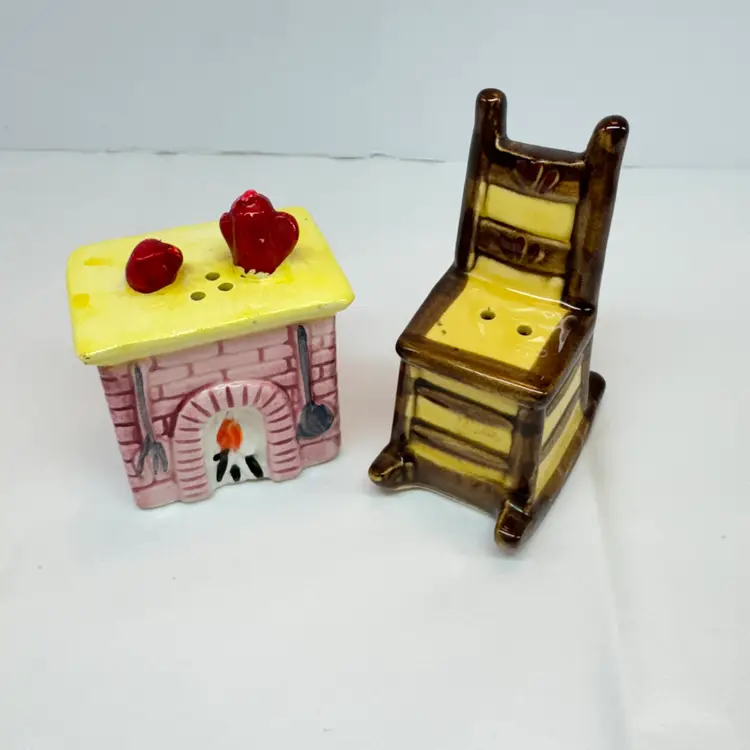 Novelty Vintage Ceramic Salt and Pepper Shakers Fireplace & Rocking Chair