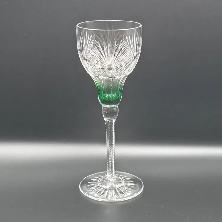 Hand Cut Crystal Green and Clear Wine Glass