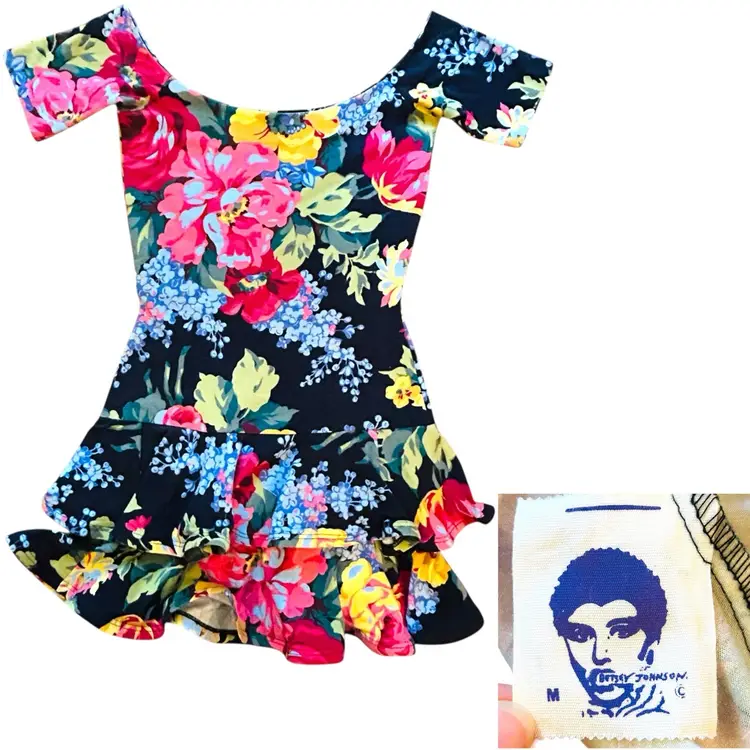 1980s Betsey Johnson Punk Label Dress Black Floral Size S or M Off the Shoulder