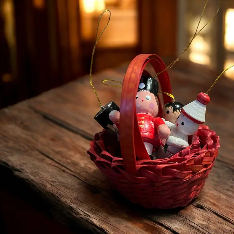 3 Baskets Filled With 4 Wooden Christmas Ornaments