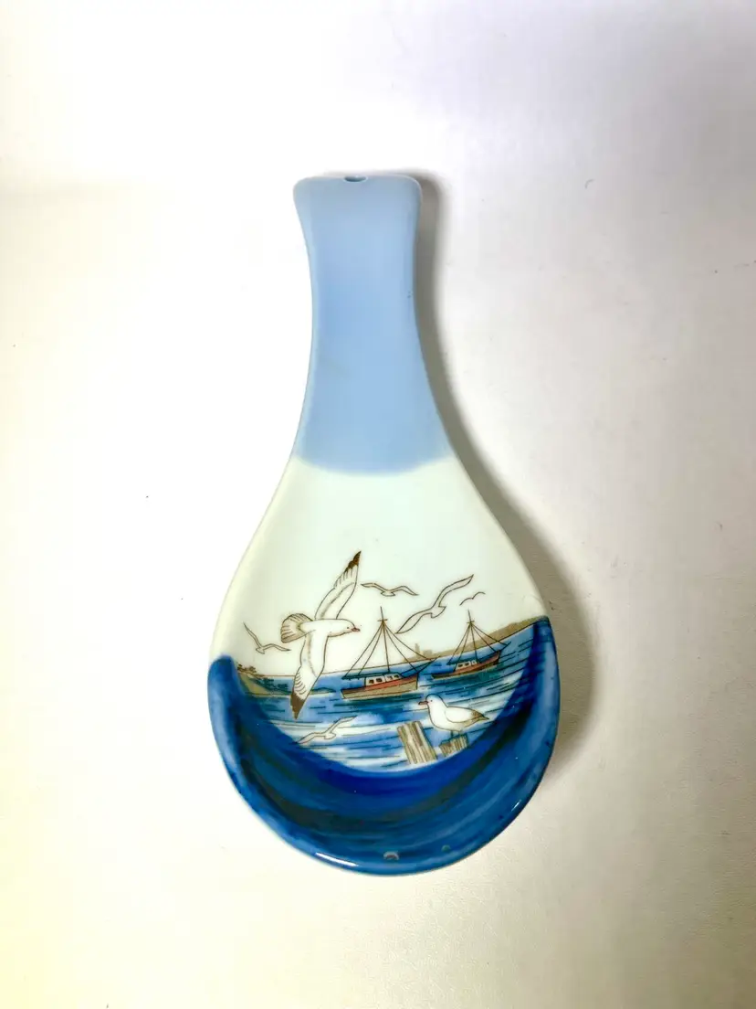 Vintage Otagiri Ceramic Nautical Spoon Rest Boat Seagull Ocean Blue Wall Hanger