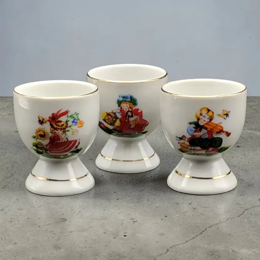 Vtg Young Girl Lady Red Dress Violin Sunflower Doll Egg Cups Set Of 3 Ceramic