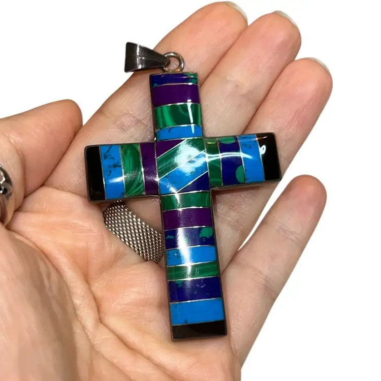 Vintage CII Mexico Signed Sterling Inlaid Cross Pendant 2.75” 16.4 Grams