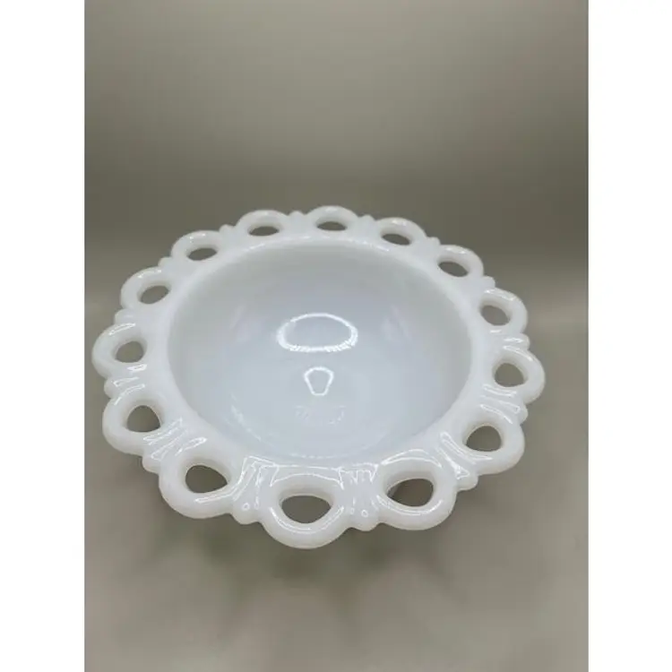 #01 1950's Vintage Anchor Hocking Milk Glass Pedestal Compote Bowl ~ Old Colony Open Lace Pattern ~  Scalloped Edge ~ 3.5 inches tall, 7 inches across