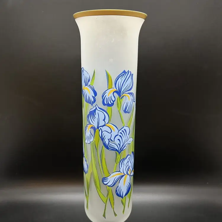 Vintage Frosted Glass Bud Vase 10” W/ Applied Blue Iris Flowers Gold Rim