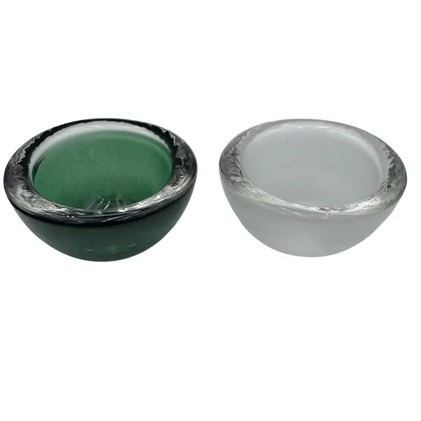 Pair (2) - Heavy Glass Round Votive Candle Holders, Green and White, 4" Wide