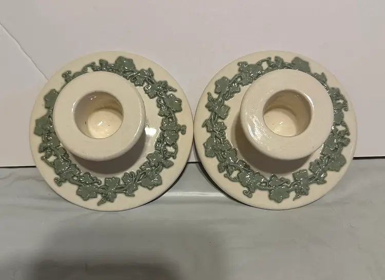 Wedgwood Queensware White & Sage Green Candlesticks England