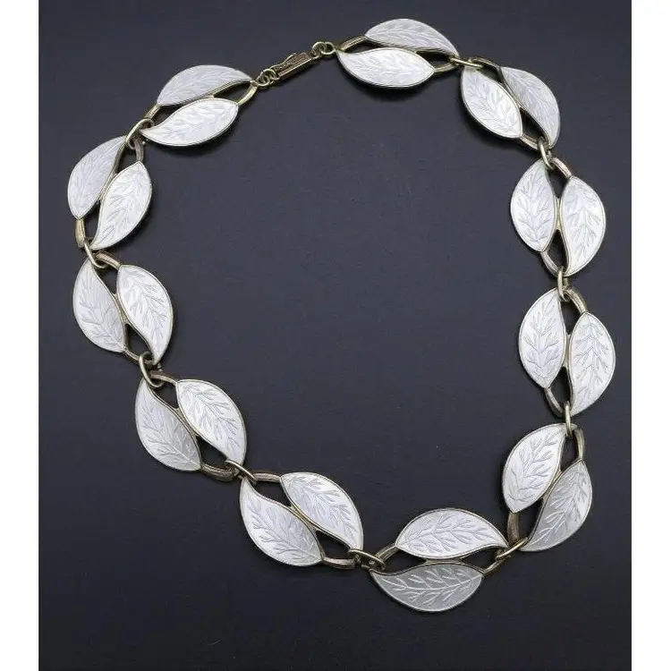 Vintage Meka Denmark Sterling Silver/White Enamel Leaf Necklace & Earrings