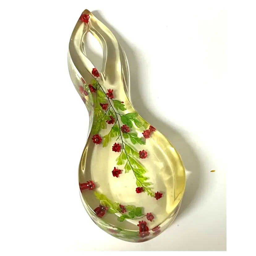 Lucite Acrylic Red Pressed Flowers Green Leaves Spoon Rest 9 in MCM