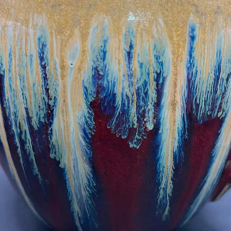 Art Pottery Pitcher , Blue, Green, Tan, Red Drip Glaze. Unknown Maker 8.5”tall