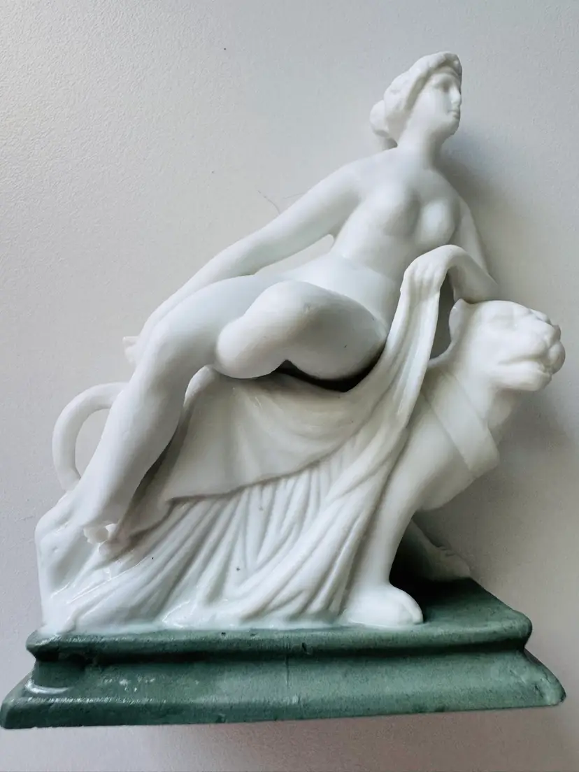 Antique Art Deco Bisque - Miniature Figurine Of Nude Lady On A Lion