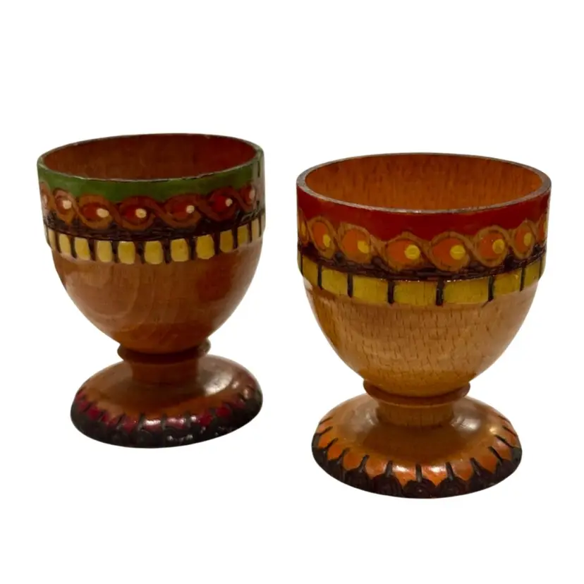 Lot (2) Vintage Folk Art Hand Carved & Painted Bavaria Egg Cups 2.25”x 1.75”