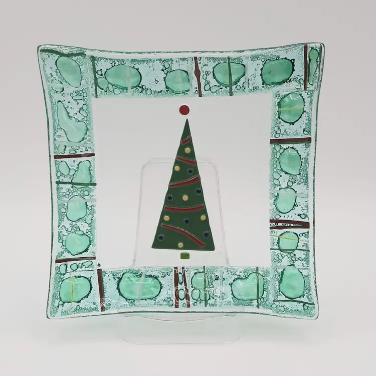 Fused Glass Christmas Tree Green Art Glass Square Plate Trinket Dish