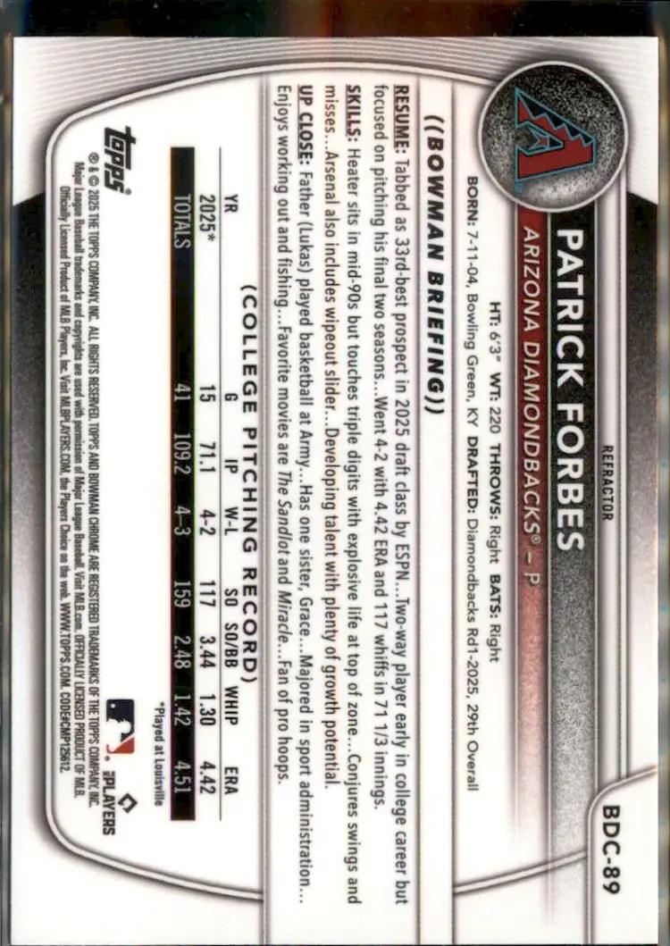 2025 Bowman Draft #BDC-89 Patrick Forbes Chrome Refractor - (138) - Arizona Diamondbacks