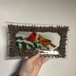 Beautiful Fused Glass Cardinal Bird Christmas Tray Home Decor