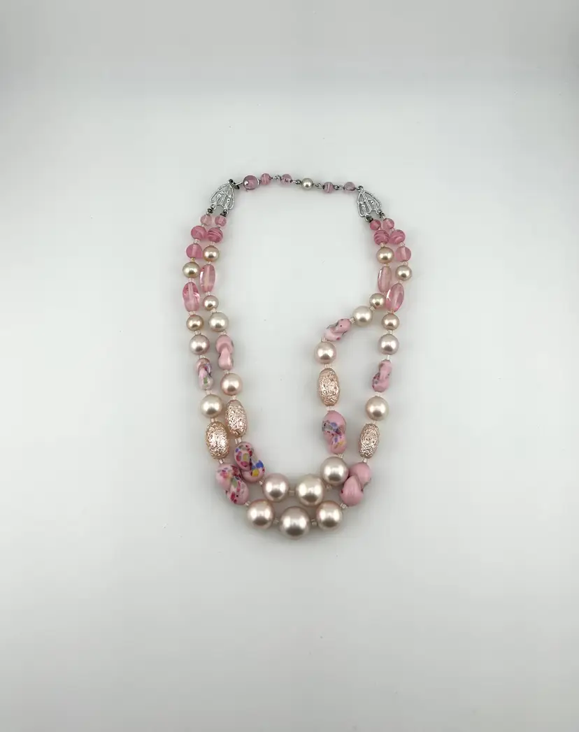 Vintage Signed Silver Tone 2 Strand Pink Beaded Choker Necklace 14”