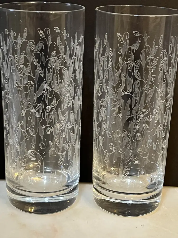 Etched Leaf Pattern Flat Tumblers by American Cut Set of Two 11oz. 6"Tall