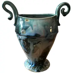 Gorgeous Studio Pottery Drip Glaze Blues Greens 2 Handles
