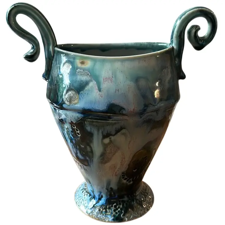 Gorgeous Studio Pottery Drip Glaze Blues Greens 2 Handles