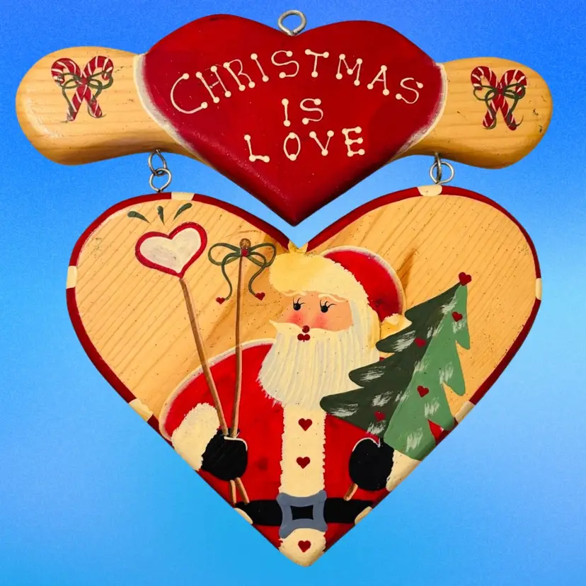 Vintage Wooden Christmas Wall Hanging – “Christmas is Love” Heart Santa Sign
