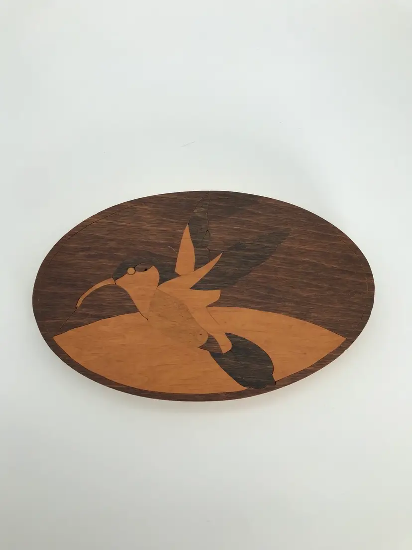 Wood Hummingbird Inlay Plaque Wall Hanging Oval 10”x6” Bird Decor Brown