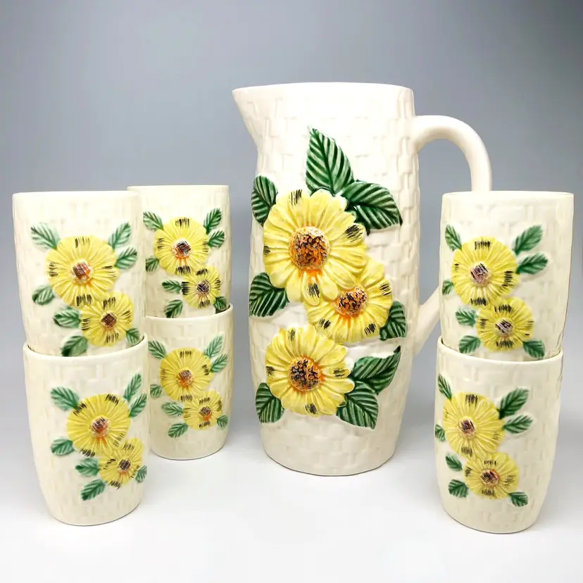Enesco Hand-Painted Ceramic, Yellow Daisies Basketweave Pitcher & 6 Matching Cups, Vintage Made in Japan