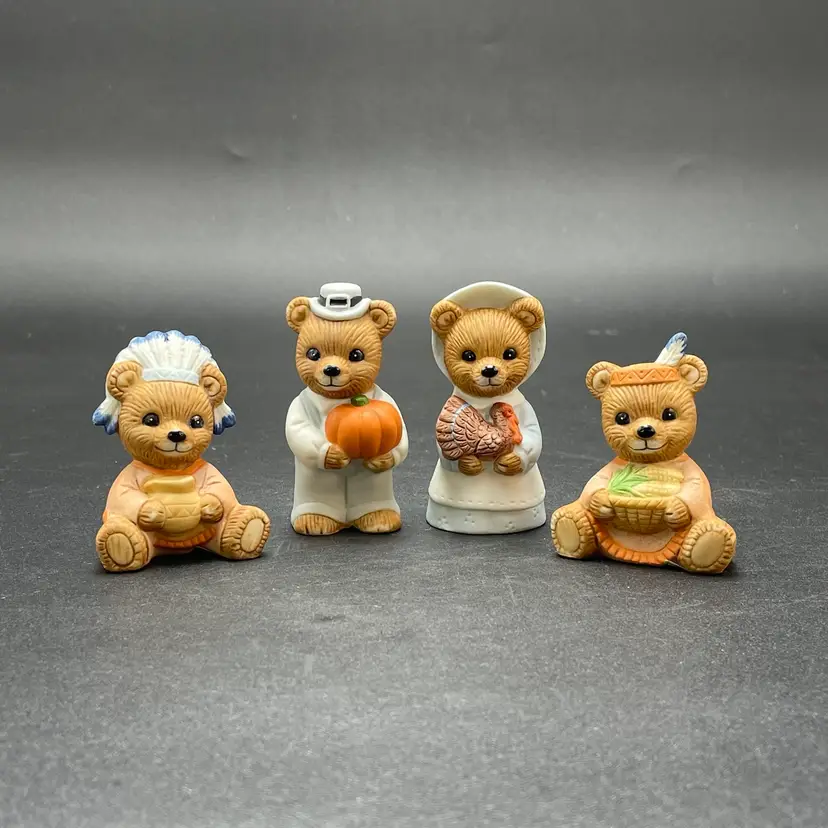 Homco #5312 Thanksgiving Bears Figurines Miniature VTG Pumpkin Turkey Set of 4