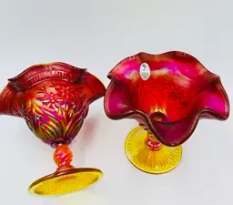 2 Fenton Amberina Stretch Glass Open Small Compote Dessert Cups Daisies GLOWS - LOW START