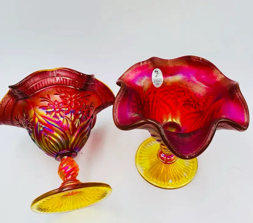 2 Fenton Amberina Stretch Glass Open Small Compote Dessert Cups Daisies GLOWS - LOW START