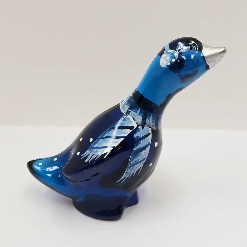 Fenton 3.75" Hand Painted Deep Blue Glass Winter Goose Figurine
