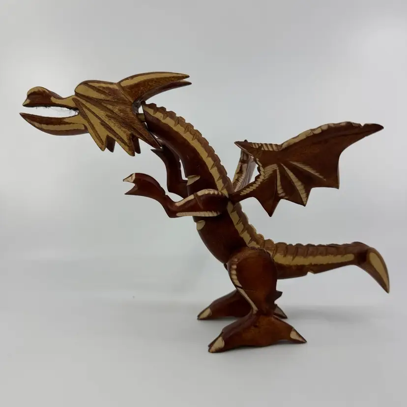 Winged Dragon Mythical Fantasy 3D Wood Hand Carved Folk Art Figurine Peg Joints