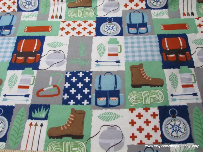 Camping Patch Flannel Fabric Remnant - 100% Cotton - Choose Size - Soft Craft & Quilting Fabric
