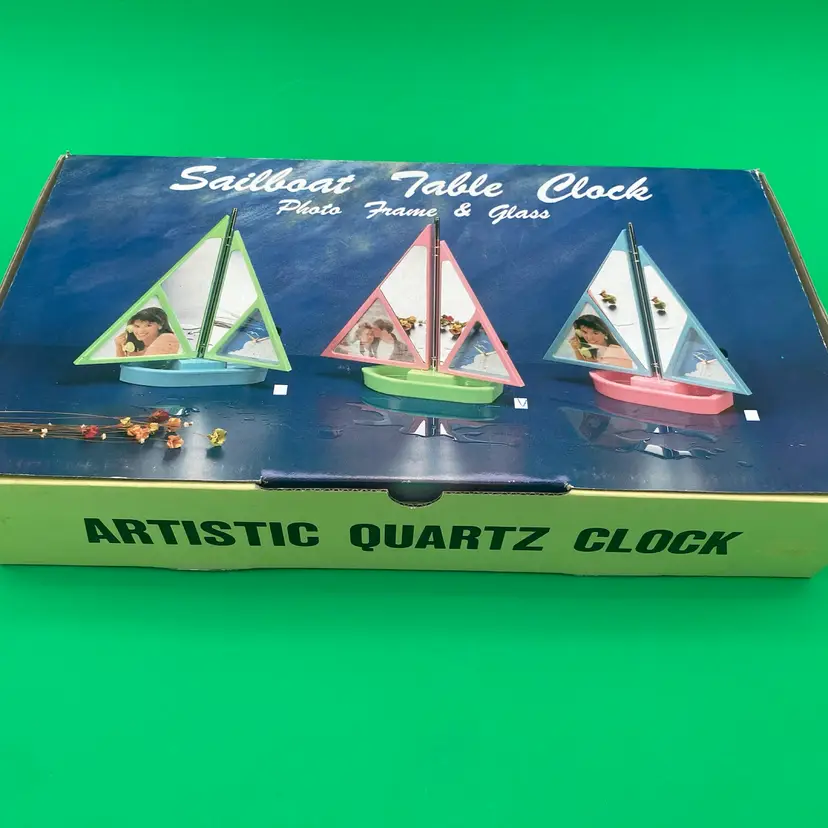 Retro 1980's Sailboat Table Clock, Photo Frame & Mirror - Green & Pink - NOS
