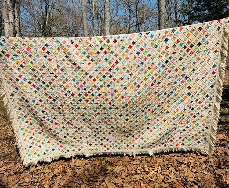 Vintage Handcrafted Cathedral Window Quilt 86 x 96 | Hand Stitched Cathedral Window Pattern Quilt Granny Core Quilt Blanket Vintage MCM