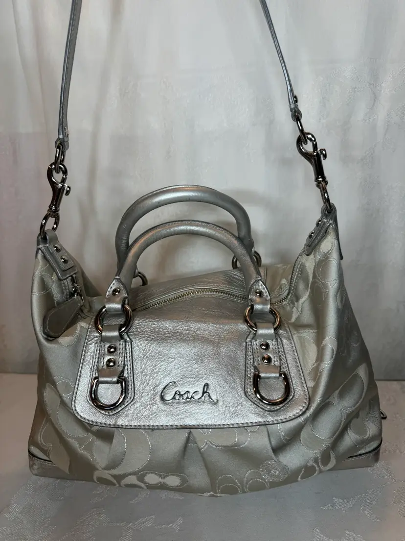 Coach Tote Bag Gray Signature F18424 Handbag Leather Canvas Used COACH Logo