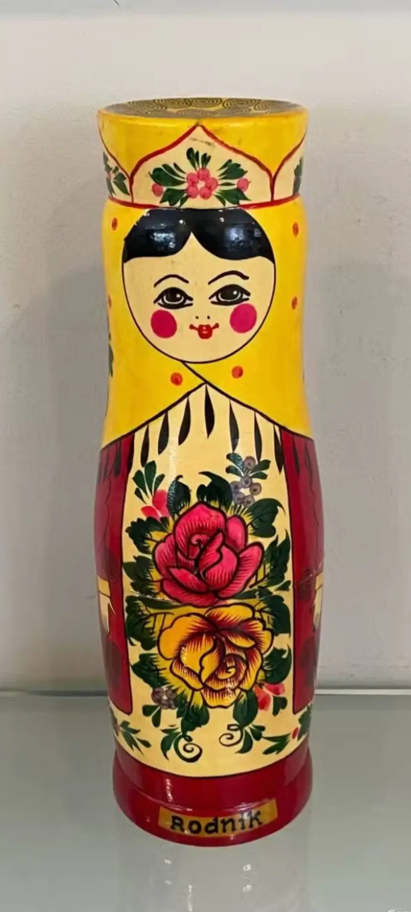 Vintage Hand Painted Rodnik Russian Lady Vodka Bottle Holder in the Style of a Matryoshka Nesting Doll