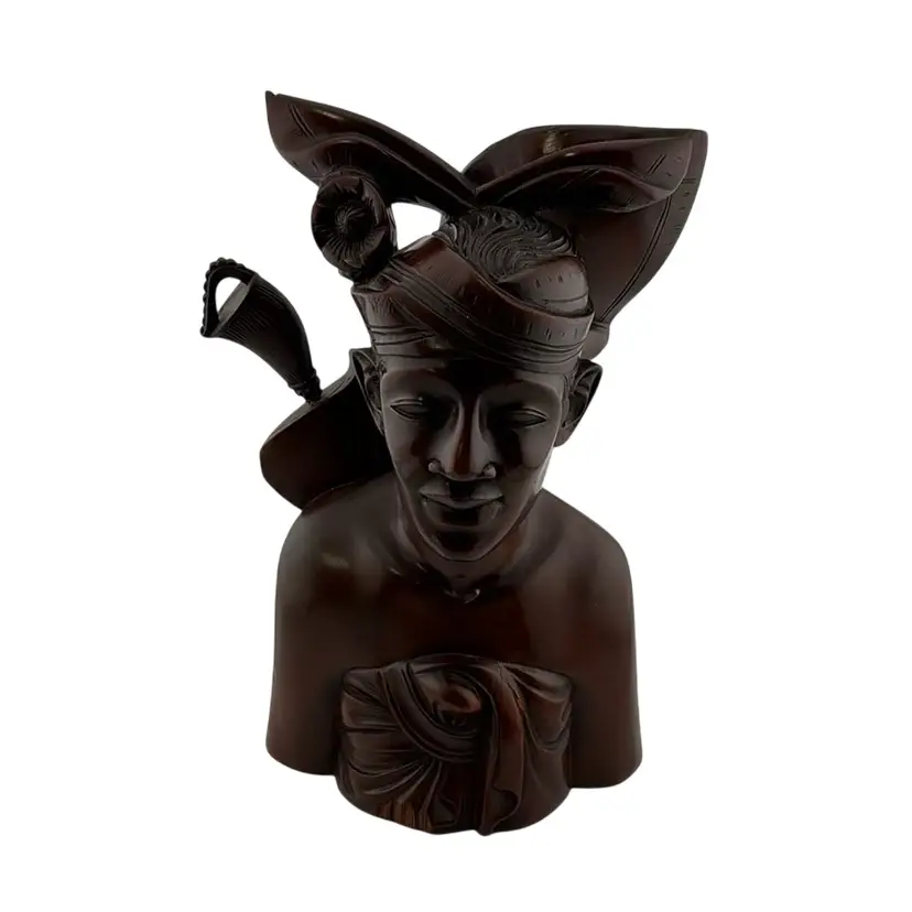 Vintage Wood Carved Balinese Warrior Prince Bust 10” Tall x 6” Wide x 3” Deep