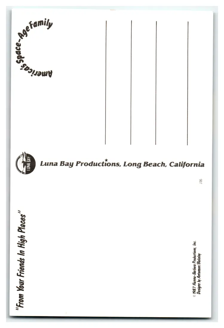 The Jetsons Postcard 1987 George & Jane Flying Car Hanna-Barbera Luna Bay