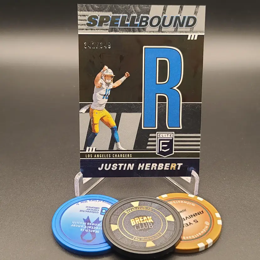 Justin Herbert 2022 Panini Donruss Elite Football Spellbound Insert Card "R" Numbered 342/349 Card #SB-JH6 - Los Angeles Chargers