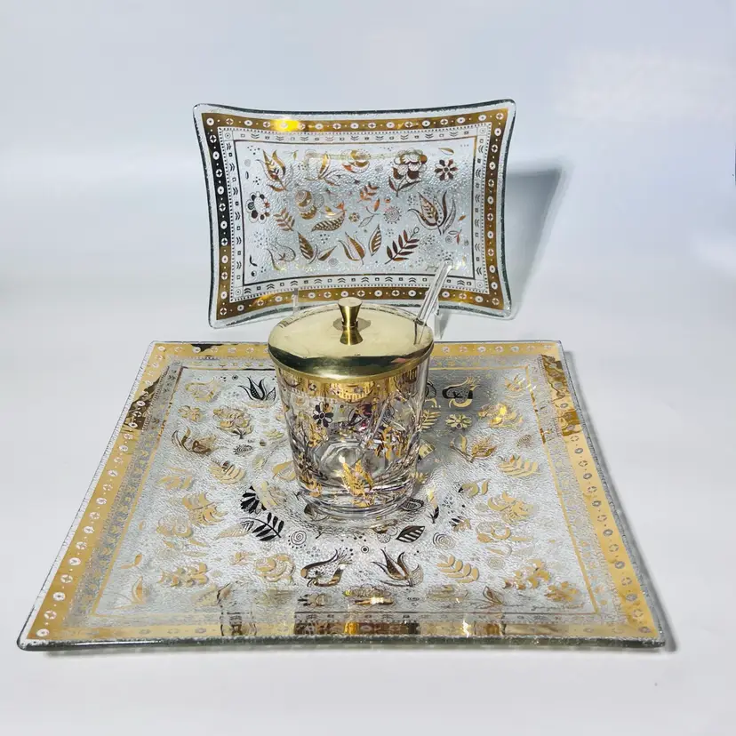 Glass Appetizer Condiment Set Signed Georges Briard ”Persian Garden” Trinket Tray 22-karat Gold Bent Glass Flower Greenery Motif With geometric Trim