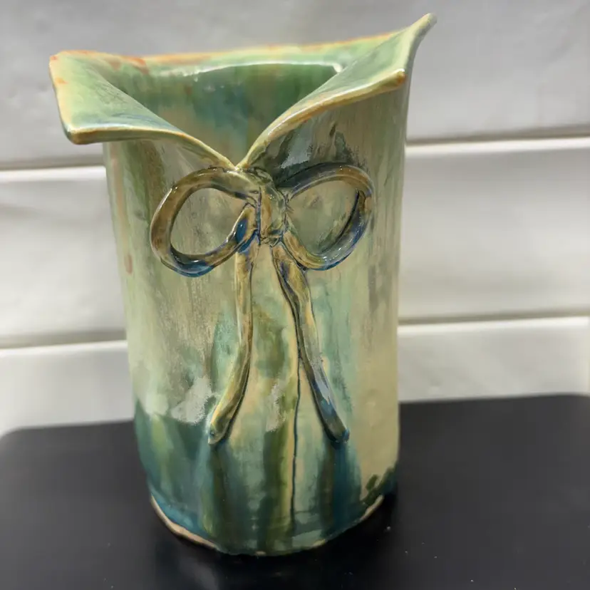 Hand Sculpted Pottery Vase With Collar And Bow