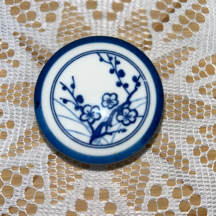 Vintage Miniature Japanese Blue And White Porcelain Round Lidded Trinket Box