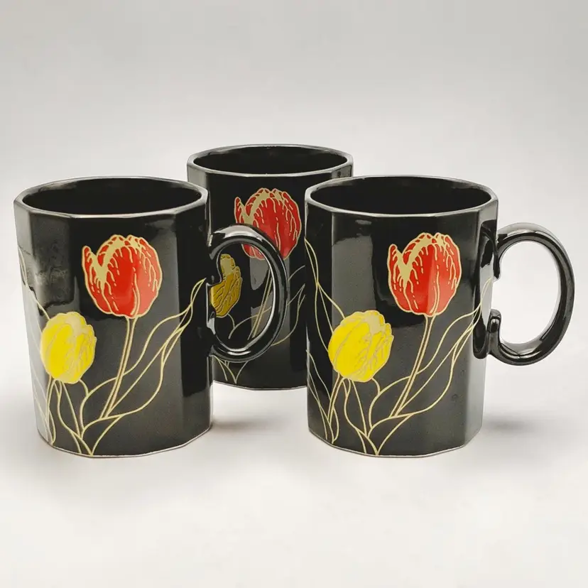 Otagiri Japan Ceramic Red & Yellow Tulips Black 12 Sided Coffee Mugs Cups Set 3