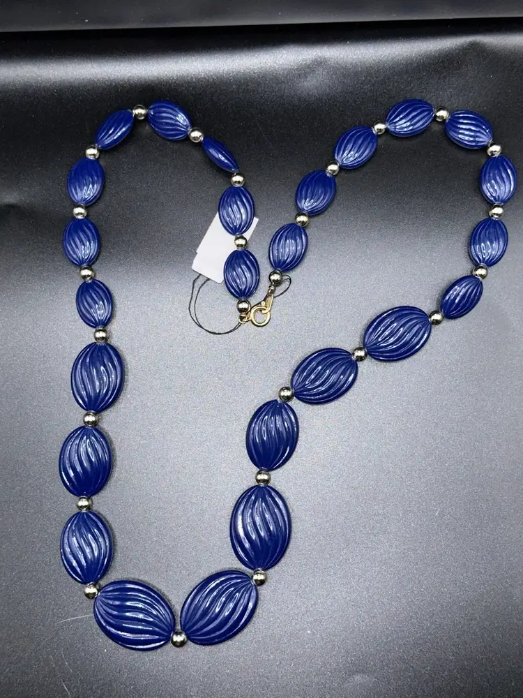 Bold 1980s Cobalt Blue Ribbed Bead Necklace