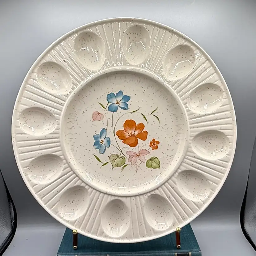 Vintage Treasure Craft Poppy Wildflower Deviled Egg Plate 12" Speckled Ceramic Tray USA